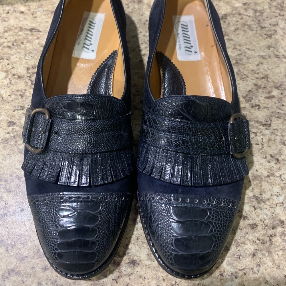 Used pair of Mauri Blue Ostrich Skin Shoes Size 8.5.